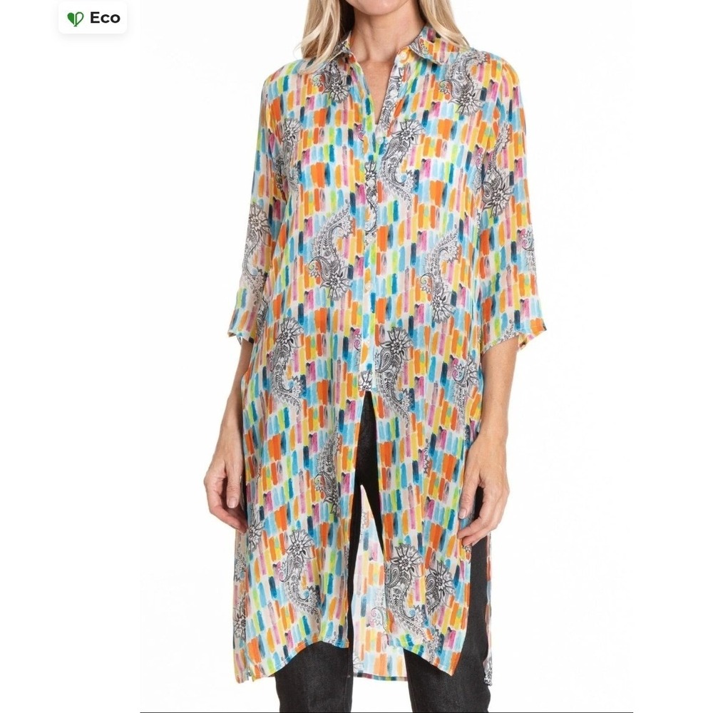 APNY Women XXL Button Up Tunic Striae Paisley Multi Print Boho‎ Side Slit Shirt